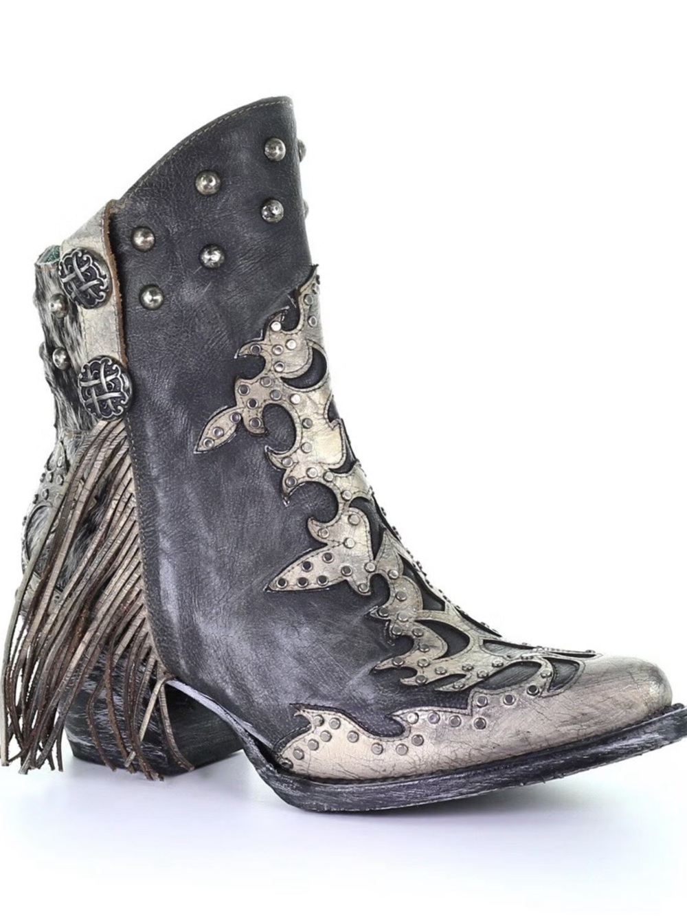 Corral Studded Fringe Metallic Overlay Western Ankle Boot - Black